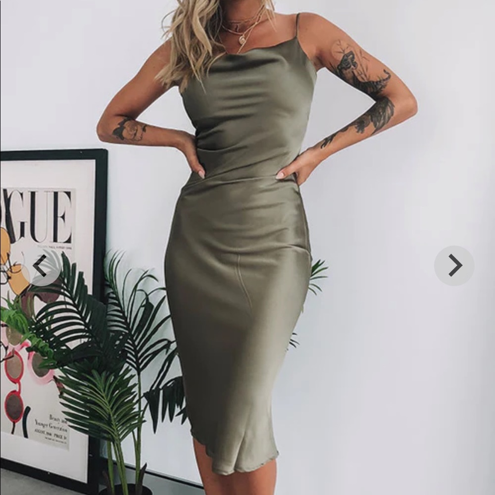 Sage green satin midi slip dress